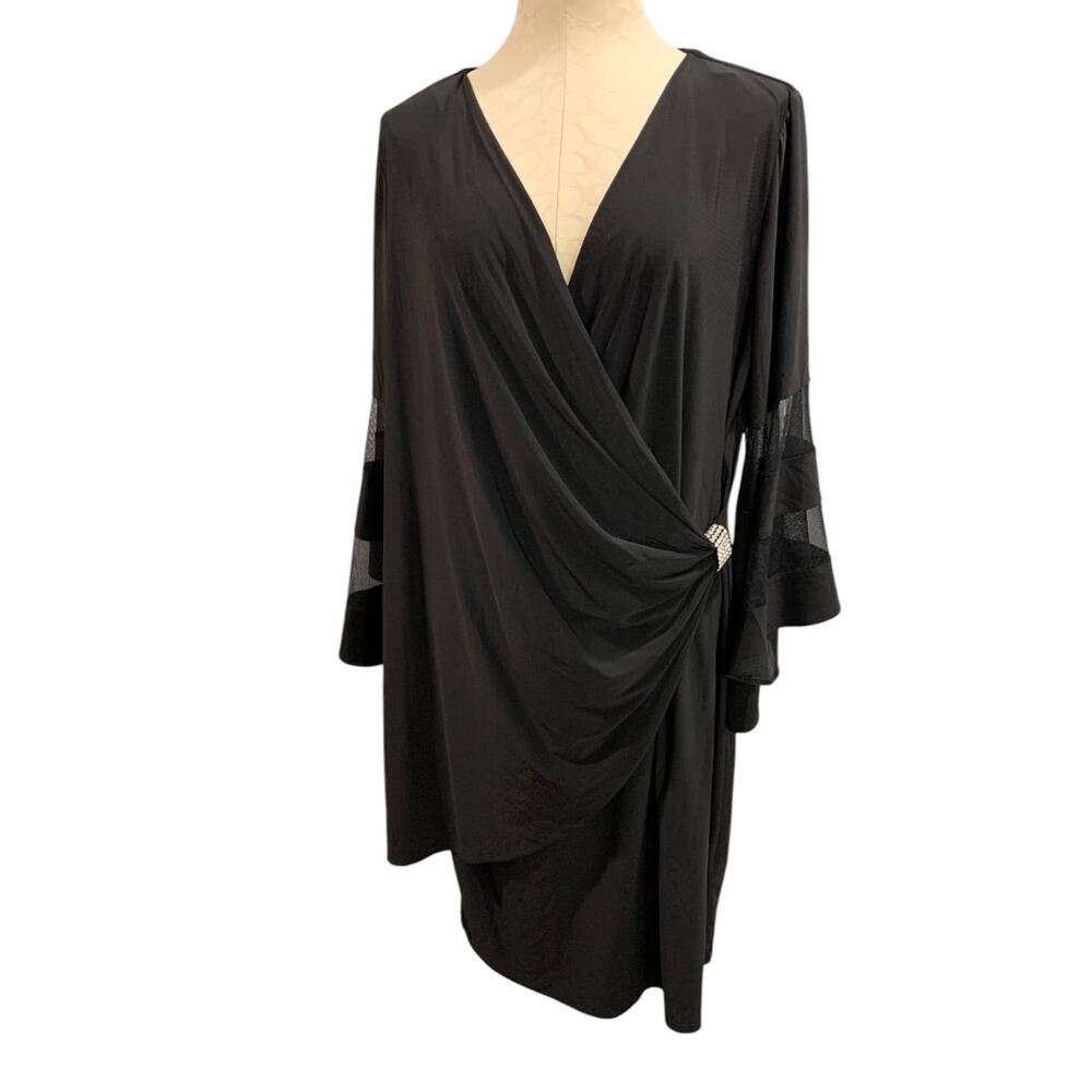 Size 16W R&M Richards Woman Black Wrap Around Dress Bell Sleeve Knee Length